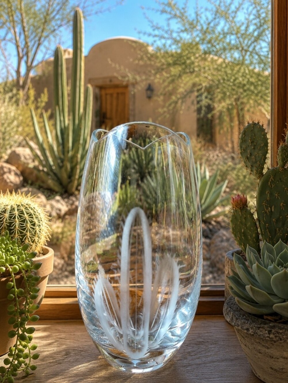 Mikasa or Orrefors Etched Crystal Cactus Scalloped Edge Bud Flower Vase NEW